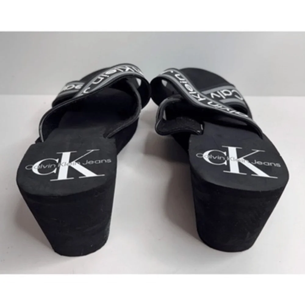 Calvin Klein Sandals Resort Black Logo Crisscross Platform Wedges Size 8.5